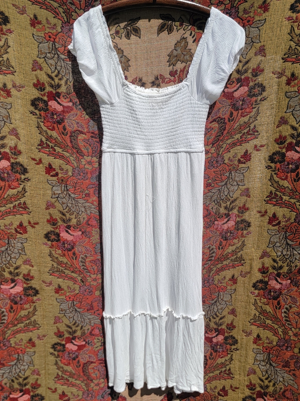 White Smocked Midi Dress with Puff Sleeves | Cottagecore Boho Indie Festival - Picture 4 of 5
